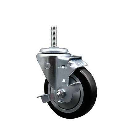 SERVICE CASTER 4 Inch Black Polyurethane Wheel Swivel 34 Inch Threaded Stem Caster with Brake SCC SCC-TS20S414-PPUB-BLK-TLB-34212